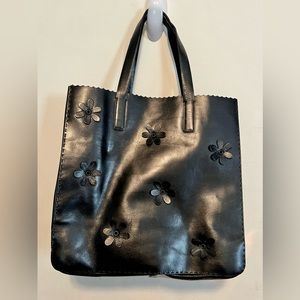 Vintage Prada Black Leather Flower Appliqué Tote Bag with pouch